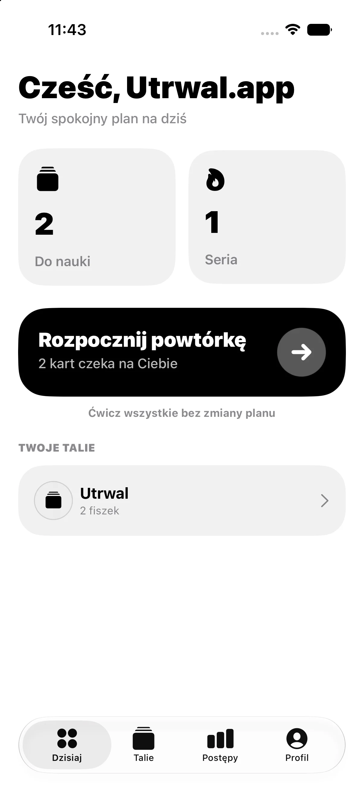 Ekran aplikacji z dziennym planem nauki, liczbą kart do powtórki i serią dni